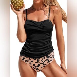 Women's Tankini Set High Waisted V Neck Adjustable Straps Ruching Wrap Ribbed